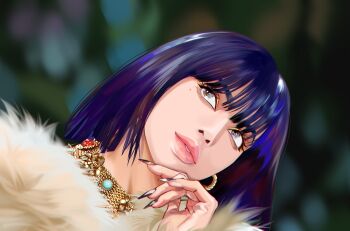  1girl am_202004 blackpink blue_eyes blue_hair blunt_bangs dutch_angle earrings eyeshadow fake_nails hashtag-only_commentary highres jewelry lisa_(blackpink) looking_up makeup mascara mole necklace pink_lips real_life solo 
