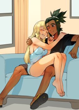  1boy 1girl absurdres aged_up ariekochan arm_around_shoulder barefoot black_shirt blonde_hair blue_shirt braid breasts commission commissioner_upload couch curtains dark-skinned_male dark_skin floor green_eyes green_hair hau_(pokemon) highres indoors light_blush lillie_(pokemon) living_room long_hair nintendo on_couch one_eye_closed open_mouth panties pokemon pokemon_sm ponytail sandals shirt shorts sitting sitting_on_lap sitting_on_person sleeveless smile twin_braids underwear window 