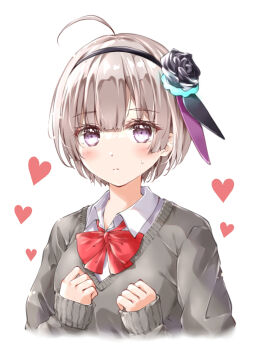  1girl ahoge alternate_costume ayaro_(genkiloobaii) black_flower black_hairband black_rose blunt_bangs blush bow bowtie clenched_hands closed_mouth collared_shirt commentary eyes_visible_through_hair flower frown grey_hair grey_sweater hair_flower hair_ornament hairband heart heaven_burns_red highres looking_at_viewer minase_sumomo purple_eyes red_bow red_bowtie rose school_uniform shirt short_hair simple_background sleeves_past_wrists solo split_mouth sweater upper_body white_background white_shirt 