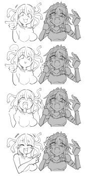 2girls blush breasts choker closed_eyes crying highres imitating laughing looking_at_hand medium_breasts multiple_girls open_mouth petrification pointing pointing_at_another pointing_at_viewer sakifox scared screaming short_hair snake_hair statue tears tiara unamused_friend_comic_(meme) white_background