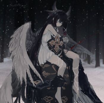  1boy 1girl angel_wings artist_name barefoot black_coat black_hair black_mask blood_sword capitano_(genshin_impact) carrying carrying_person closed_eyes coat columbina_(genshin_impact) detached_sleeves dim_lighting dress elbow_rest eye_mask feathered_wings frilled_sleeves frills genshin_impact hair_between_eyes hair_ribbon hashtag-only_commentary head_down head_ornament highres holding_another's_leg long_hair mask mask_on_head multicolored_hair multiple_wings piggyback pink_hair ribbon short_dress signature sleeveless sleeveless_dress snowing very_long_hair white_dress white_mask white_wings wings yumicowyvern 