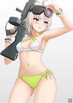  1girl aa-12 aa-12_(girls'_frontline) ahoge arm_up armpits bare_shoulders bikini blue_eyes blush breasts commentary criss-cross_halter english_commentary girls'_frontline girls'_frontline_2:_exilium goggles goggles_on_head green_bikini grey_background grey_hair gun halterneck hand_up highres holding holding_gun holding_weapon lind_(girls'_frontline_2) looking_to_the_side medium_breasts parted_lips prophosphere qr_code shotgun side-tie_bikini_bottom simple_background solo swimsuit trigger_discipline weapon white_bikini 