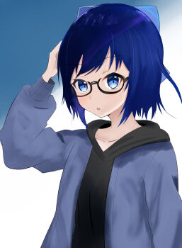  1girl a-chan_(hololive) black-framed_eyewear black_shirt blue_bow blue_eyes blue_hair blue_jacket bow collarbone commentary glasses highres hololive jacket looking_at_viewer open_clothes open_jacket shirt solo umikotatsu virtual_youtuber 