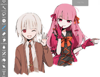  1boy 1girl art_program_in_frame blunt_bangs bow bowtie braid brown_cardigan cardigan center_cross_lace center_frills collared_dress collared_shirt cropped_torso crossover cup dress dress_shirt frilled_dress frilled_gloves frills gloves hand_up holding holding_cup long_hair looking_at_viewer nabob necktie one_eye_closed orange_bow orange_bowtie pink_dress pink_eyes pink_gloves pink_hair puffy_short_sleeves puffy_sleeves red_eyes red_necktie saihate_eki shirt short_hair short_sleeves side_braids simple_background smile tatsunami_shion thai_text tie_clip upper_body white_background white_hair white_shirt witch's_heart zizel_(witch's_heart) 