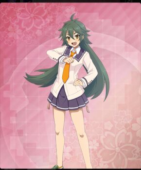  1girl :d antenna_hair blue_sailor_collar blue_skirt breasts clenched_hand dot_nose fang feet_out_of_frame floral_background fujimaki_minaki game_cg green_hair green_shoes hair_between_eyes hand_on_own_hip hand_up jacket layered_sleeves long_hair looking_at_viewer low_twintails neckerchief official_art open_mouth pink_background renpu_girls_school_uniform sailor_collar school_uniform shirt shoes skirt small_breasts smile sneakers solo third-party_source toji_no_miko toji_no_miko:_kizamishi_issen_no_tomoshibi twintails white_jacket white_shirt yellow_eyes yellow_neckerchief 