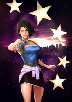  1girl aiming aiming_at_viewer blue_eyes blue_tube_top cityscape clothes_around_waist desantiart gun holding holding_gun holding_weapon jill_valentine miniskirt resident_evil resident_evil_3:_nemesis skirt star_(symbol) strapless sweater sweater_around_waist tube_top weapon 