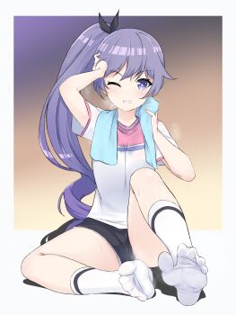  1girl absurdres feet highres light_blush long_hair looking_at_viewer one_eye_closed ongeki parted_lips ponytail purple_eyes purple_hair samiko shorts socks soles steam sweat takase_rio toes towel towel_around_neck white_socks 