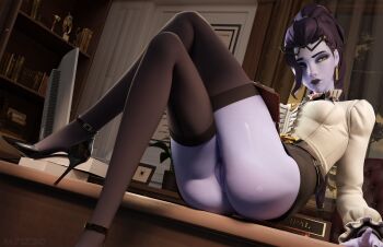  1girl 3d absurdres ankle_strap anus belt black_thighhighs cleft_of_venus clothes_lift colored_skin crossed_legs desk eyeshadow eyewear_on_head from_below glasses hair_pulled_back high_heels high_ponytail highres indoors long_legs looking_to_the_side m71 makeup miniskirt no_panties official_alternate_costume on_desk overwatch ponytail purple_hair purple_lips purple_skin pussy reclining shirt sitting skirt skirt_lift slim_legs thighhighs white_shirt widowmaker_(overwatch) yellow_eyes 