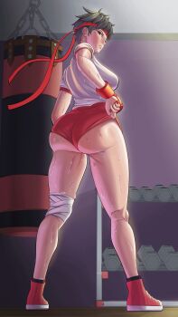 1girl artisek03 ass brown_hair buruma capcom commission converse female_focus fingerless_gloves gloves headband kasugano_sakura looking_at_viewer looking_back official_alternate_costume red_buruma red_gloves red_headband shirt shoes short_hair sneakers solo sportswear street_fighter street_fighter_iv_(series) thighs white_shirt