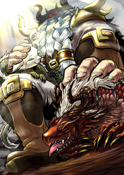  1boy armor beard belt boots creature facial_hair fake_horns helmet horned_helmet horns looking_at_viewer mihirahira muscular muscular_male petting pixiv_fantasia pixiv_fantasia_fallen_kings red_eyes tongue tongue_out white_beard 