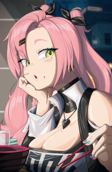  1girl :o blue_nails blush bowl breasts chopsticks cleavage collar commentary cup detached_sleeves e-diot earrings english_commentary eyebrows_hidden_by_hair fingernails food food_on_face green_eyes green_nails hair_ornament hairclip head_on_hand heart heart_earrings heart_necklace highres holding holding_chopsticks huge_breasts jewelry long_hair looking_at_viewer mole mole_on_breast mole_under_eye multicolored_nails necklace nicole_demara open_mouth parted_bangs pink_hair pixiv_username purple_nails strapless tube_top twintails twitter_username white_collar zenless_zone_zero 
