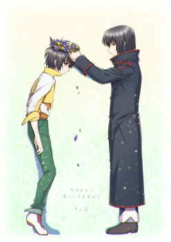  2boys black_coat black_hair brown_eyes coat commentary_request cropped_jacket dual_persona flower_wreath green_pants happy_birthday highres jacket looking_at_another makabe_kazuki multicolored_jacket multiple_boys nagi_(exsit00) orange_shirt pants shirt short_hair sleeve_cuffs smile soukyuu_no_fafner time_paradox 