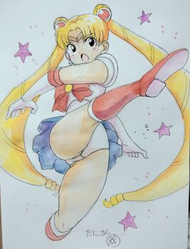  1girl bishoujo_senshi_sailor_moon blonde_hair elbow_gloves gloves kicking long_hair panties ribbon sailor_moon shirt skirt tani_gorira traditional_media tsukino_usagi twintails underwear 