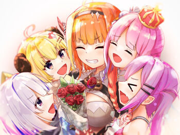  >_< 5girls ahoge amane_kanata amane_kanata_(1st_costume) black_vest blonde_hair blonde_streaks bouquet closed_eyes closed_mouth commentary_request crown dragon_girl dragon_horns fang flower hair_ornament hairpin highres himemori_luna himemori_luna_(1st_costume) holding holding_bouquet holoforce hololive horns kiryu_coco kiryu_coco_(1st_costume) multicolored_hair multiple_girls open_mouth orange_hair purple_eyes sheep_girl sheep_horns shirt skin_fang smile streaked_hair tears tokoyami_towa tokoyami_towa_(1st_costume) tsunomaki_watame tsunomaki_watame_(1st_costume) u_da_desu vest virtual_youtuber white_shirt 