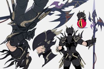  1boy absurdres armor black_armor commentary_request cropped_shoulders estinien_varlineau eye_of_nidhogg_(ff14) fake_horns faulds final_fantasy final_fantasy_xiv full_armor gauntlets helmet highres holding holding_weapon horned_helmet horns male_focus multiple_views pauldrons polearm shoulder_armor spiked_armor spiked_pauldrons spikes standing syogyo_mujyo9 weapon 