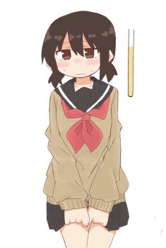 1girl black_sailor_collar black_skirt blush brown_eyes brown_hair brown_sweater cowboy_shot embarrassed female_focus flat_chest have_to_pee long_sleeves looking_at_viewer miniskirt neckerchief nose_blush original own_hands_together pleated_skirt ponnu_(tnpn2yw) raised_eyebrows red_neckerchief sailor_collar school_uniform serafuku short_hair sidelocks simple_background skirt skirt_hold solo standing sweater twintails urine_meter v_arms variant_set white_background