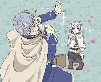  1boy 1girl aqua_background black_pantyhose blood blood_from_mouth blowing_kiss blue_hair blue_jacket boots brown_boots capelet clenched_hand cloak closed_eyes commentary_request dated earrings elf frieren gold_trim green_eyes hair_between_eyes hair_over_shoulder hetero highres himmel_(sousou_no_frieren) jacket jewelry long_hair mole mole_under_eye nosebleed pantyhose parted_bangs pointy_ears shirt short_hair skirt sousou_no_frieren sparkle squatting striped_clothes striped_shirt suitcase takehide twintails white_capelet white_cloak white_jacket white_skirt 