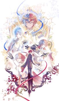  3boys absurdres blue_eyes blue_hair commentary_request crossed_bangs fire_emblem fire_emblem_engage hair_between_eyes heterochromia highres light_persona looking_at_viewer male_alear_(fell_child)_(fire_emblem) male_alear_(fire_emblem) male_focus multicolored_hair multiple_boys nintendo official_alternate_hair_color prince red_eyes red_hair short_hair split-color_hair two-tone_hair xinlinxin1 