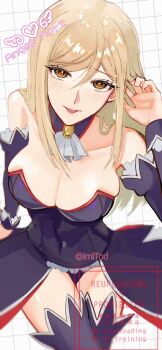  1girl black_dress blonde_hair breasts cleavage collarbone commentary_request cosplay_request covered_navel dress eyelashes grid_background hair_between_eyes highres higurashi_no_naku_koro_ni imitpd large_breasts long_hair looking_at_viewer orange_eyes orange_pupils sidelocks solo takano_miyo tongue tongue_out watermark white_background 