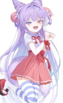  1girl absurdres blue_eyes bound bound_wrists bow bowtie collared_shirt commentary_request cone_hair_bun double_bun fang foot_out_of_frame hair_bun hair_intakes hair_ornament hair_rings hakama hakama_skirt hands_up heterochromia highres huhe_01 japanese_clothes korean_commentary leg_up long_hair looking_at_viewer multicolored_hair okobo open_mouth orange_eyes platform_sandals pom_pom_(clothes) pom_pom_hair_ornament purple_hair red_bow red_bowtie red_ribbon red_skirt ribbon sandals shirt short_hair short_sleeves simple_background skirt solo stellive streaked_hair striped_clothes striped_thighhighs tabi tenko_shibuki thighhighs v-shaped_eyebrows very_long_hair virtual_youtuber white_background white_shirt wing_collar 