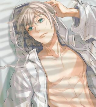  1boy abs blue_eyes commentary_request fate/grand_order fate_(series) frown grey_hair hair_bun highres hood hooded_jacket jacket looking_to_the_side lying male_focus oberon_(fate) oberon_(refreshing_summer_prince)_(fate) on_back shibakou single_hair_bun solo toned toned_male upper_body white_jacket 