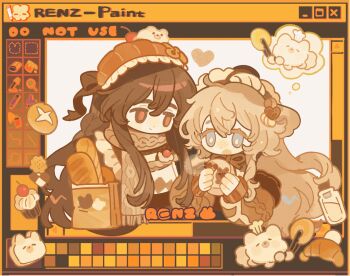  >_< 2girls animated animated_gif artist_name bag blue_eyes bread brown_eyes brown_theme chef_hat cherry chibi commission cup dot_nose food fruit hair_between_eyes hair_ornament hat highres holding holding_cup long_hair long_sleeves looking_at_another mihuashi_commission mini_chef_hat mini_hat multiple_girls original paper_bag renzhi00334233 scarf sidelocks smile sushi_hair_ornament upper_body 