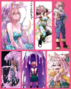  1girl absurdres ashido_mina black_boots black_eyeshadow bodysuit boku_no_hero_academia boots breasts brown_jacket cleavage closed_mouth collarbone collared_shirt colorized cropped_jacket cuffs curly_hair english_text eyeshadow female_focus full_body fur-trimmed_jacket fur_trim green_bodysuit green_skirt hand_on_own_hip highres horikoshi_kouhei horns jacket large_breasts long_sleeves looking_at_viewer looking_up medium_hair medium_skirt necktie no_bra official_art open_mouth pink_background pink_hair pink_slime pleated_skirt purple_boots red_necktie sexually_suggestive shirt shirt_tucked_in short_hair sitting skirt sleeveless slime_(substance) smile solo solo_focus stirrup_legwear superhero_costume teeth third-party_edit tight_clothes toeless_legwear torn_bodysuit torn_clothes u.a._school_uniform wet wet_clothes wet_hair white_shirt yellow_eyes 