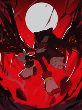  1boy absurdres animal_ears black_wings clenched_teeth doom_wings full_body full_moon furry furry_male gloves highres male_focus moon red_background red_eyes shadow_the_hedgehog shoes solo sonic_(series) sonic_generations sonic_x_shadow_generations teeth unneul white_gloves white_shoes wings 