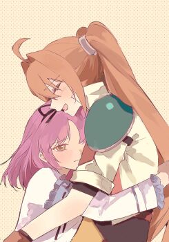  2girls ahoge antenna_hair armor asprosgy black_hairband bow closed_mouth dotted_background eiyuu_densetsu estelle_bright frilled_sleeves frills hair_between_eyes hair_bow hair_intakes hairband highres hug long_hair long_sleeves multiple_girls open_mouth parted_bangs patterned_background pauldrons purple_hair renne_(eiyuu_densetsu) short_hair short_sleeves shoulder_armor simple_background single_pauldron smile sora_no_kiseki twintails upper_body yellow_eyes 