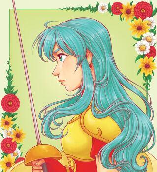  1girl aqua_eyes aqua_hair armor breastplate commentary courtneygodbey earrings eirika_(fire_emblem) english_commentary fingerless_gloves fire_emblem fire_emblem:_the_sacred_stones floral_background gloves highres holding holding_sword holding_weapon jewelry long_hair looking_to_the_side nintendo pauldrons profile rapier red_shirt shirt short_sleeves shoulder_armor solo sword upper_body weapon 