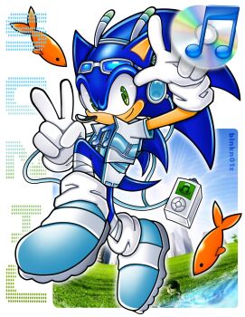  artist_name blnkn01z blue_shoes blue_sky cd character_name fish frutiger_aero green_eyes hedgehog_boy highres musical_note sega shoes sky sonic_(series) sonic_the_hedgehog 