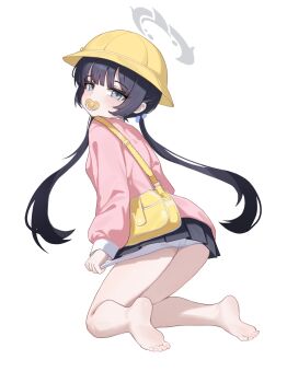  1girl absurdres arm_at_side ass bare_legs barefoot black_hair black_skirt blue_archive blunt_bangs blush feet from_behind grey_eyes grey_halo hair_bobbles hair_ornament halo hat highres kindergarten_uniform kisaki_(blue_archive) kisaki_(kindergarten_uniform)_(blue_archive) kneeling knees_together_feet_apart loli long_hair looking_at_viewer looking_back low_twintails miniskirt official_alternate_costume official_alternate_hairstyle pacifier panties panty_pull pink_shirt pleated_skirt pulling_own_clothes school_hat shirt sidelocks simple_background skirt soles solo thighs toes twintails underwear very_long_hair white_background white_panties xiaoxiaoyifan yellow_hat  rating:Sensitive score:38 user:SassyLoliCorrector