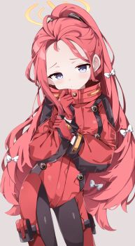  1girl blue_archive bow closed_mouth commentary_request cowboy_shot forehead gloves grey_background halo high_ponytail highres long_hair looking_at_viewer official_alternate_costume paid_reward_available partial_commentary ponytail red_gloves red_hair sabana simple_background solo very_long_hair white_bow yellow_halo yuzu_(blue_archive) yuzu_(pilot_suit)_(blue_archive)  rating:Sensitive score:4 user:danbooru