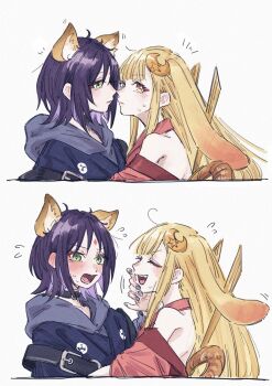  2girls animal_ears black_choker blonde_hair blue_nails cho_kaguya-hime! choker closed_eyes commentary_request crescent crescent_hair_ornament facial_mark fang flying_sweatdrops forehead_mark fox_ears green_eyes hair_ornament highres ichi27ichi japanese_clothes kaguya_(cho_kaguya-hime!) kimono multiple_girls off_shoulder partial_commentary purple_hair rabbit_ears red_kimono sakayori_iroha short_hair simple_background smile white_background yellow_eyes yuri 