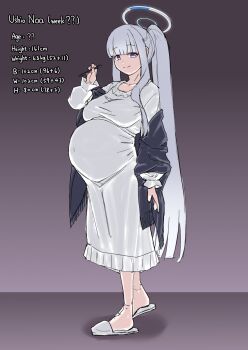  1girl absurdres black_shawl blue_archive breasts commentary english_text garylin halo highres holding holding_pen large_breasts long_hair long_sidelocks mechanical_halo nightgown noa_(blue_archive) noa_(pajamas)_(blue_archive) official_alternate_costume pen ponytail pregnant purple_eyes shawl sidelocks sleepwear slippers solo stats very_long_hair white_hair white_halo white_nightgown white_slippers 