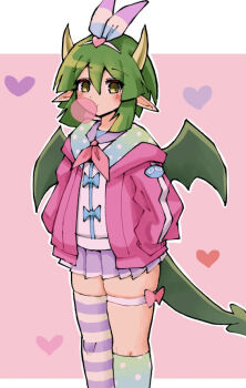  1girl asymmetrical_legwear blowing_bubble_gum blue_bow blue_jacket blue_ribbon blue_socks blush border bow brown_eyes character_print chewing_gum collar commentary_request cowboy_shot draco_centauros draco_centauros_(miracle_charmy) dragon_girl dragon_horns dragon_tail dragon_wings gradient_clothes gradient_jacket gradient_socks green_hair green_jacket green_socks hair_between_eyes hair_ornament hair_ribbon hairband hands_in_pockets heart heart_hair_ornament horns jacket kneehighs kurokogeee long_sleeves mismatched_legwear neckerchief official_alternate_costume outline pink_background pink_bow pink_hairband pink_jacket pink_neckerchief pink_shirt pleated_skirt pointy_ears polka_dot polka_dot_jacket polka_dot_socks purple_collar purple_ribbon purple_skirt purple_thighhighs puyo_(puyopuyo) puyopuyo puyopuyo_quest ribbon shirt shirt_bow short_hair simple_background skirt socks solo striped_clothes striped_ribbon striped_thighhighs tail thick_thighs thigh_bow thigh_strap thighhighs thighs two-sided_fabric two-sided_jacket white_border white_jacket white_outline white_socks white_straps white_trim wings yellow_ribbon yellow_thighhighs 