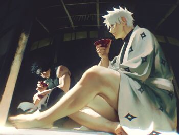  2boys alcohol bare_legs black_hair cup daxiedesong forehead_protector hatake_kakashi highres implied_yaoi japanese_clothes kimono male_focus multiple_boys naruto_(classic) naruto_(series) ninja pouring sakazuki sake scar scar_across_eye scar_on_face shoulder_tattoo spiked_hair tattoo uchiha_obito white_hair 