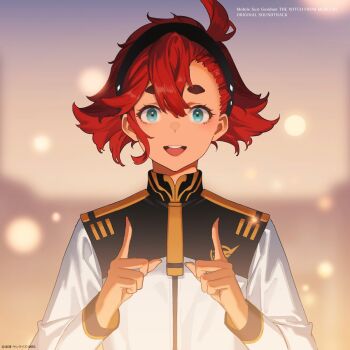  1girl ahoge album_cover asticassia_school_uniform black_hairband blue_eyes blurry blurry_background cd_(source) copyright_name cover dark_skin english_text gundam gundam_suisei_no_majo hairband highres index_finger_raised long_sleeves looking_at_viewer mogumo necktie official_art open_mouth red_hair school_uniform short_eyebrows short_hair single_sidelock solo suletta_mercury teeth thick_eyebrows upper_body upper_teeth_only yellow_necktie 