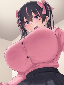  1girl :d black_hair black_skirt blue_eyes blush bow bralines breasts ceiling commentary_request cross cross_earrings ear_piercing earrings hair_between_eyes hair_bow highres huge_breasts indoors jewelry long_sleeves looking_at_viewer mole mole_under_eye multicolored_hair natsuishi_nana open_mouth original piercing pink_bow pink_hair pink_shirt shirt sitting skirt smile streaked_hair taut_clothes taut_shirt teeth twintails two-tone_hair upper_body upper_teeth_only 
