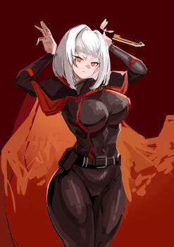  1girl @_@ absurdres arms_up belt belt_pouch bodysuit breasts cape character_request combat_knife cowboy_shot highres holding holding_knife knife large_breasts lobotomy_corporation mjd_maximum pouch project_moon red_background red_eyes short_hair solo weapon white_hair 