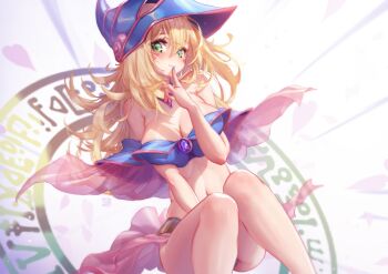 1girl absurdres bare_shoulders bikini blonde_hair blue_hat blue_nails breasts cleavage closed_mouth dark_magician_girl duel_monster facial_mark facing_viewer finger_to_mouth fingernails green_eyes hair_between_eyes hat highres knees_together_feet_apart large_breasts legs long_hair looking_at_viewer midriff mitsu_(mitsu_art) nail_polish navel patreon_username smile solo stomach swimsuit wizard_hat yu-gi-oh! yu-gi-oh!_duel_monsters rating:Sensitive score:37 user:surveyork