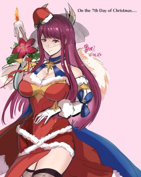  1girl animal_ears antlers arm_up bare_shoulders breasts candle candlestand cleavage collarbone commentary deer_ears dress english_commentary fake_antlers fire fire_emblem fire_emblem_engage fire_emblem_heroes fishnet_thighhighs fishnets fur-trimmed_dress fur-trimmed_headwear fur_trim gloves hand_up hat highres holding holding_candle holding_candlestand horns ivy_(fire_emblem) ivy_(flurry_embrace)_(fire_emblem) kaen_(yoltablaze) large_breasts long_hair nintendo official_alternate_costume purple_eyes purple_hair red_dress red_hat reindeer_antlers santa_costume santa_dress santa_hat see-through_clothes see-through_veil solo thighhighs veil 