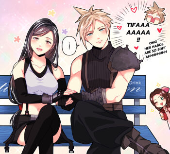  ... 1girl 2girls aerith_gainsborough armor babigonice belt bench black_pants black_skirt black_sports_bra black_thighhighs blonde_hair blue_eyes blush boots breasts chibi cloud_strife commentary cowboy_shot crossed_legs detached_sleeves english_commentary english_text fingerless_gloves gloves green_eyes head_tilt heart holding_hands large_breasts long_hair low-tied_long_hair midriff miniskirt multiple_girls navel on_bench one_eye_closed open_mouth pants pauldrons red_eyes ribbed_sweater shoulder_armor single_pauldron sitting skirt sleeveless sparkle speech_bubble sports_bra suspender_skirt suspenders sweater tank_top thighhighs thumbs_up tifa_lockhart turtleneck white_tank_top 