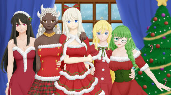  5girls absurdres ahoge bare_shoulders black_hair blonde_hair blue_eyes bow braid breasts brown_eyes candy candy_cane capelet christmas christmas_ornaments christmas_outfit christmas_tree cleavage commission commissioner_upload corset costume curtains dark-skinned_female dark_skin dress earrings elf euphemy_sylvaine everyone flat_chest food fur-trimmed_capelet fur-trimmed_dress fur_trim glasses green_eyes green_hair hair_bow hair_ornament hand_on_another's_hip hand_on_another's_shoulder hand_on_another's_waist highres hong_mei_ling_(ways_of_darkness) horns indoors jewelry large_breasts long_hair looking_at_viewer lotte_farona medium_breasts multiple_girls nemezish off-shoulder_dress off_shoulder official_art one_eye_closed open_mouth plaid_clothes plaid_skirt pointy_ears queen_imani red_capelet red_dress red_eyes ribbon santa_costume santa_dress selinanovalight short_sleeves skirt smile snow snowing strapless strapless_dress twin_braids very_dark_skin ways_of_darkness_(series) white_hair window 
