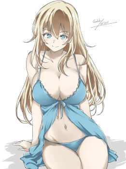  1girl artist_name atago_(kancolle) blonde_hair blue_camisole blue_panties breasts camisole cleavage collarbone dated gakky green_eyes highres kantai_collection large_breasts long_hair looking_at_viewer panties smile solo spaghetti_strap underwear 