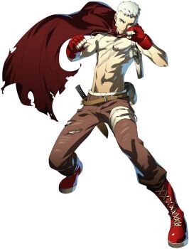  1boy bandaid cape evoker fighting_stance fingerless_gloves full_body gloves grey_eyes highres holster knife male_focus official_art oribe_hanako persona persona_3 persona_4:_the_ultimate_in_mayonaka_arena sanada_akihiko scar simple_background solo third-party_source topless_male transparent_background white_hair 