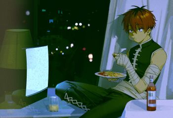  1boy bandaged_arm bandaged_hand bandages black_boots black_pants boots bottle cup curtains eating eriseros food food_on_face hashtag-only_commentary highres holding holding_food indoors knee_boots lamp male_focus night pants plate red_hair shadow sitting sleeveless solo sousou_no_frieren stark_(sousou_no_frieren) television window 