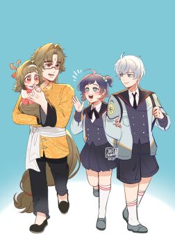  2boys 2girls 7aizagatha aged_down ahoge animal_ears belle_(zenless_zone_zero) blue_hair bow brother_and_sister child chinese_clothes commentary english_commentary facial_mark forehead_mark fox_boy fox_ears fox_girl glasses green_eyes grey_hair hair_ornament hairclip headband highres multiple_boys multiple_girls necktie pants red_eyes school_uniform shoes siblings skirt socks tail wise_(zenless_zone_zero) ye_shiyuan ye_shunguang zenless_zone_zero 