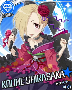 1girl blonde_hair bow card_(medium) choker earrings english_text game_cg gem hair_bow hair_over_one_eye holding holding_microphone idolmaster idolmaster_cinderella_girls japanese_clothes jewelry microphone nail_polish official_art open_mouth red_eyes shirasaka_koume skull solo star_(symbol)