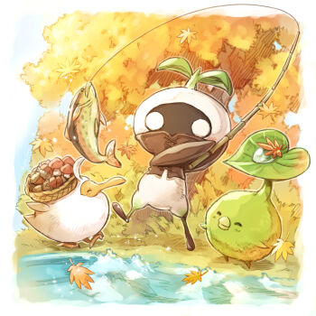  acorn basket bush dodo_(bird) falling_leaves final_fantasy final_fantasy_xiv fish fishing fishing_rod forest highres holding holding_basket holding_fishing_rod koropokkuru lake leaf light_blush mandragora_(final_fantasy) mushroom nature smile sunlight tree water_drop yue_limsa 